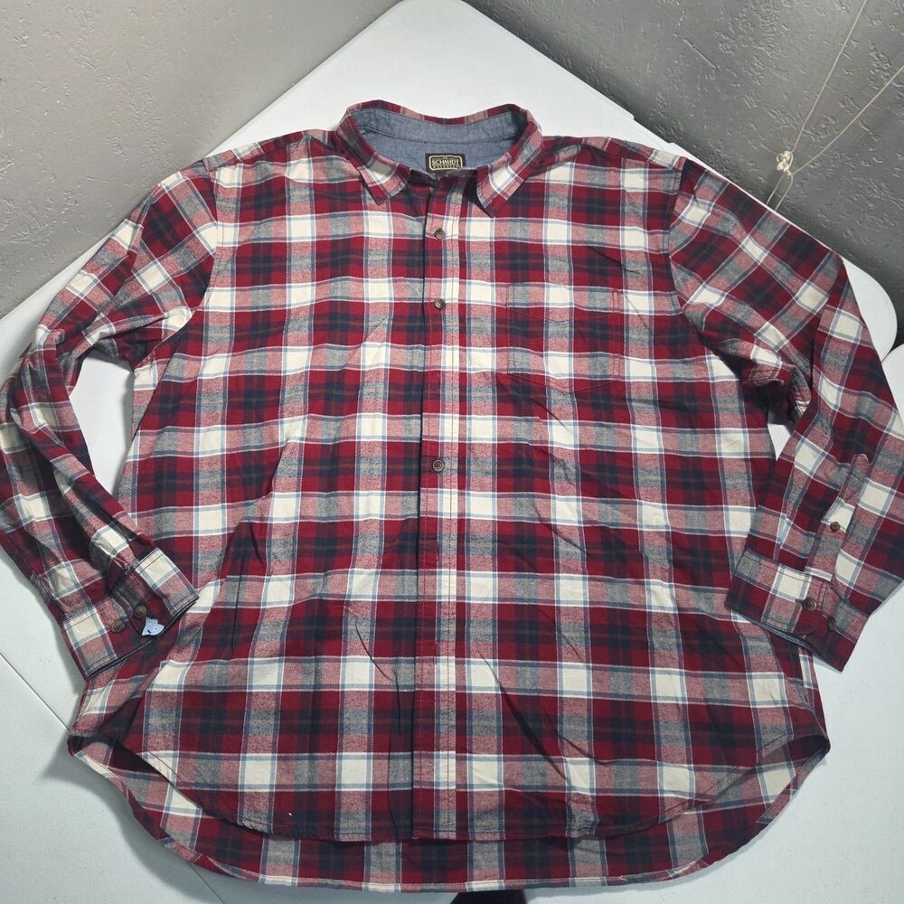 ​CE Schmidt Flannel Shirt Mens 2X Red Blue Plaid Heavy Cotton Workwear Button Up